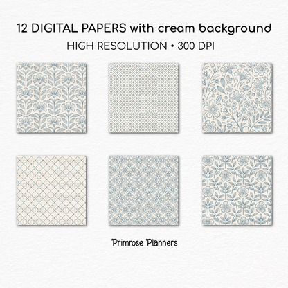 French Blue Cream Printable Paper | 24 Geometric & Floral Designs for Scrapbooking | Boho Wedding Invite Digital Backgrounds Download