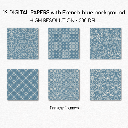 French Blue Cream Printable Paper | 24 Geometric & Floral Designs for Scrapbooking | Boho Wedding Invite Digital Backgrounds Download