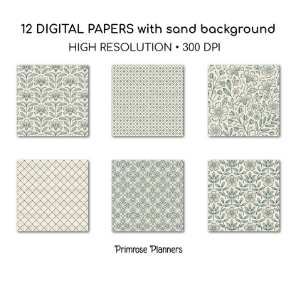 Deep Teal Digital Paper | Scandi Botanical & Bold Geometric | Moody Folk Art Printables | Junk Journal Pages