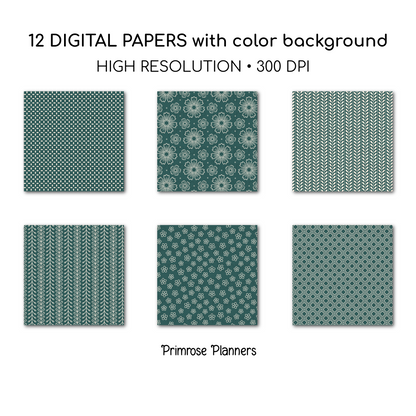 Deep Teal Digital Paper | Scandi Botanical & Bold Geometric | Moody Folk Art Printables | Junk Journal Pages