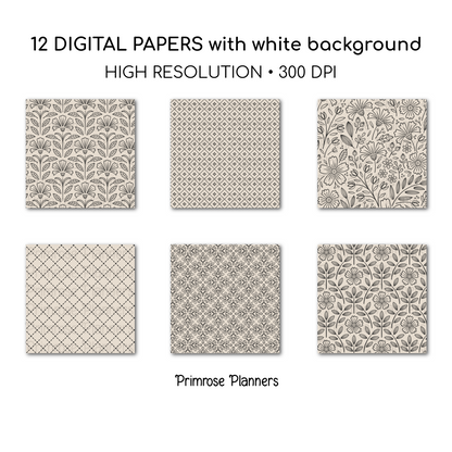 Moody Neutral Paper Pack | Scandinavian Minimalist Background | Retro Boho Line Art | Earthy Scrapbook Pages