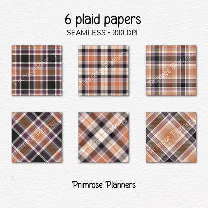 Rust Plum Black Plaid Digital Paper, Vintage Halloween Seamless Patterns, Moody Fall Backgrounds, Commercial Use Scrapbook Pack