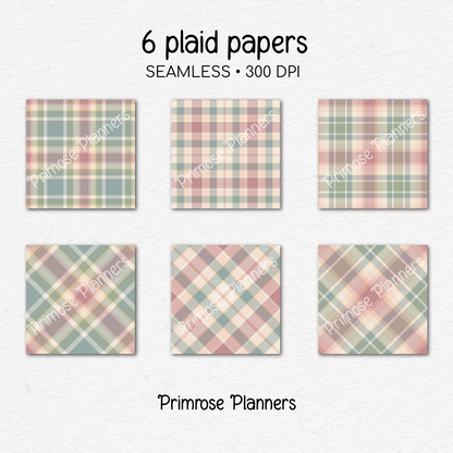 Antique Spring Plaid Digital Paper, Pastel Easter Seamless Patterns, Vintage Tartan Backgrounds, Commercial Use Scrapbook Pack
