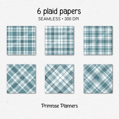 Arctic Teal Plaid Digital Paper, Light Blue Seamless Patterns, Farmhouse Gingham Scrapbook Backgrounds, Minimalist Commercial Use