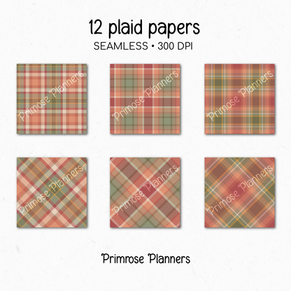 Autumn Berry Tartan Plaid Digital Paper, Red Green Fall Scrapbook Backgrounds, Cozy Thanksgiving Pattern, Commercial Use