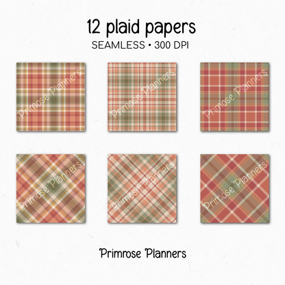 Autumn Berry Tartan Plaid Digital Paper, Red Green Fall Scrapbook Backgrounds, Cozy Thanksgiving Pattern, Commercial Use