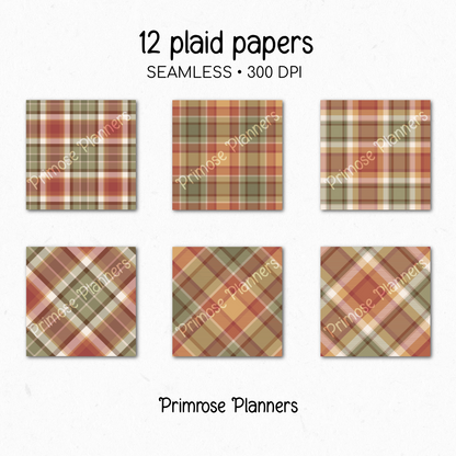 Autumn Leaves Tartan Plaid Digital Paper Pack, Red Green Fall Scrapbook Backgrounds, Cozy Thanksgiving Pattern