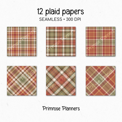 Autumn Leaves Tartan Plaid Digital Paper Pack, Red Green Fall Scrapbook Backgrounds, Cozy Thanksgiving Pattern