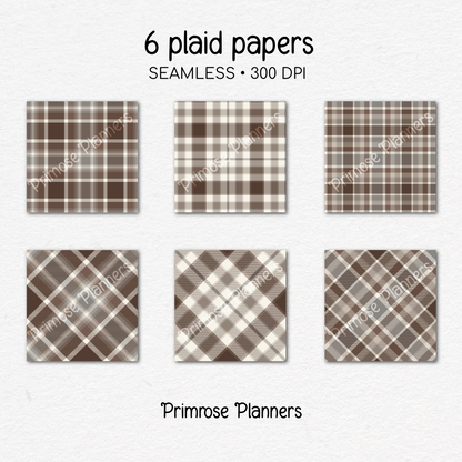 Brown and Grey Plaid Digital Paper, Neutral Seamless Patterns, Modern Farmhouse Tartan Backgrounds, Commercial Use Scrapbook Pack