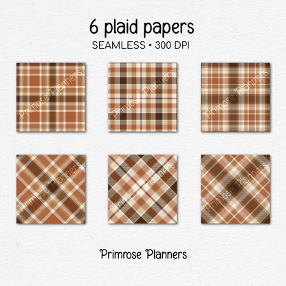 Brown Rust Tan Plaid Digital Paper, Thanksgiving Seamless Patterns, Modern Farmhouse Fall Backgrounds, Commercial Use Scrapbook Pack
