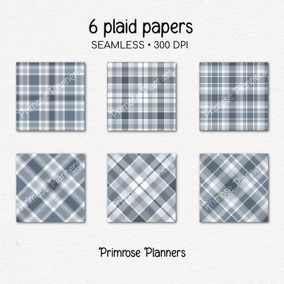 Cool Grey Plaid Digital Paper, Slate Blue Seamless Patterns, Farmhouse Gingham Scrapbook Backgrounds, Minimalist Commercial Use