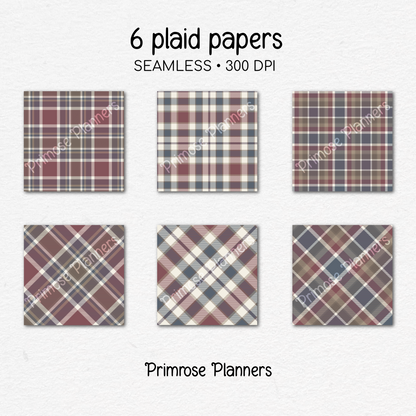 Dusk and Taupe Plaid Digital Paper, Muted Seamless Patterns, Moody Blue Tartan Backgrounds, Commercial Use Scrapbook Pack