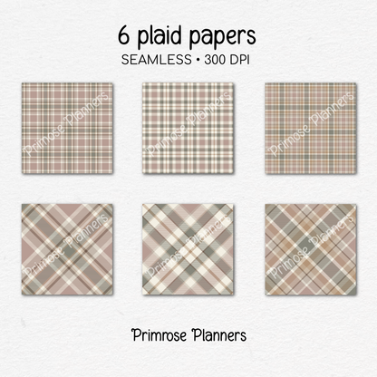 Dusty Pink Sage Charcoal Plaid Digital Paper, Boho Seamless Patterns, Neutral Tartan Backgrounds, Commercial Use Scrapbook Pack