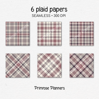 Dusty Rose Plum Grey Plaid Digital Paper, Moody Seamless Patterns, Romantic Fall Tartan, Commercial Use Scrapbook Paper Pack
