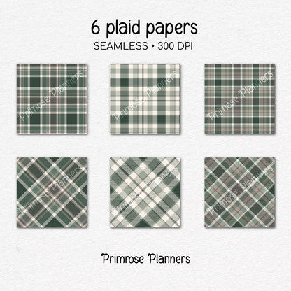 Evergreen Brown Plaid Digital Paper, Rustic Woodland Seamless Patterns, Modern Farmhouse Tartan, Commercial Use Scrapbook Pack