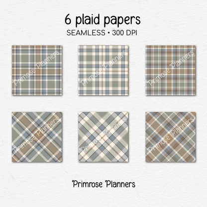 Farmhouse Neutral Plaid Digital Paper, Muted Seamless Patterns, Rustic Tartan Backgrounds, Commercial Use Scrapbook Pack