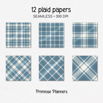 French Blue & Cream Plaid Digital Paper | 12 Seamless Check Patterns | Printable 12x12 Scrapbook Backgrounds | Commercial Use Download