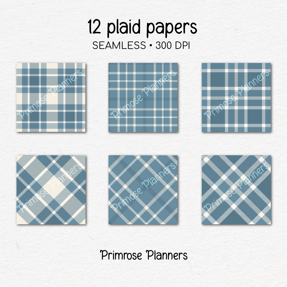 French Blue & Cream Plaid Digital Paper | 12 Seamless Check Patterns | Printable 12x12 Scrapbook Backgrounds | Commercial Use Download