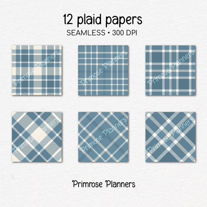 French Blue & Cream Plaid Digital Paper | 12 Seamless Check Patterns | Printable 12x12 Scrapbook Backgrounds | Commercial Use Download