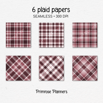 Frosted Cranberry Plaid Digital Paper, Burgundy Seamless Patterns, Farmhouse Gingham Scrapbook Backgrounds, Minimalist Commercial Use