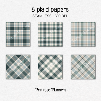Frosted Pines Plaid Digital Paper, Winter Blue and Green Seamless Patterns, Cozy Holiday Tartan, Commercial Use Scrapbook Pack