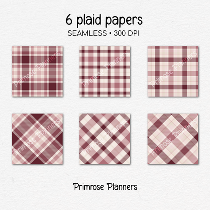 Cream Mauve Maroon Plaid Digital Paper, Valentines Seamless Patterns, Romantic Tartan Backgrounds, Commercial Use Scrapbook Pack
