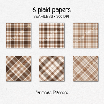 Gingerbread Tan Brown Plaid Digital Paper, Neutral Winter Seamless Patterns, Cozy Tartan Backgrounds, Commercial Use Scrapbook Pack