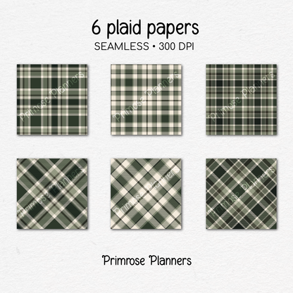 Green and Cream Plaid Digital Paper, Earthy Seamless Patterns, Forest Tartan Backgrounds, Commercial Use Scrapbook Pack
