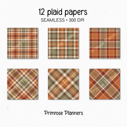 Autumn Harvest Tartan Plaid Digital Paper Pack, Orange Brown Fall Scrapbook Backgrounds, Cozy Thanksgiving Pattern