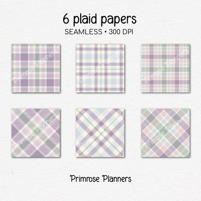Lavender Blue Sage Plaid Digital Paper, Pastel Spring Seamless Patterns, Easter Tartan Backgrounds, Commercial Use Scrapbook Pack