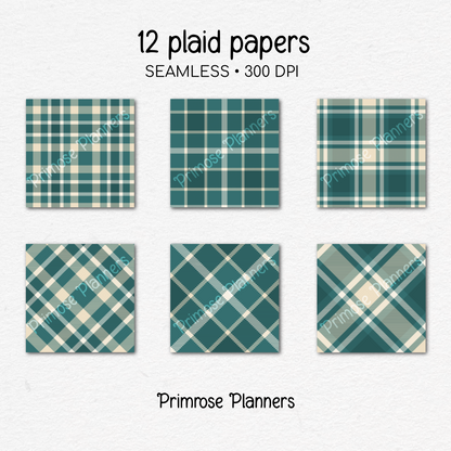 Printable Teal Plaid Digital Paper | Ivory Check Patterns for Planners & Scrapbooking | 12x12 Backgrounds | Commercial Use Download