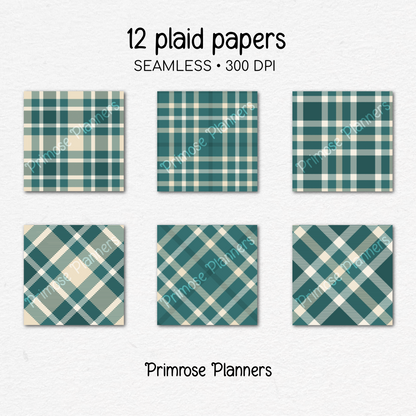 Printable Teal Plaid Digital Paper | Ivory Check Patterns for Planners & Scrapbooking | 12x12 Backgrounds | Commercial Use Download