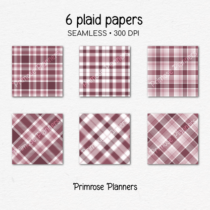 Mauve Frost Plaid Digital Paper, Dusty Pink Seamless Patterns, Farmhouse Gingham Scrapbook Backgrounds, Minimalist Commercial Use