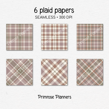 Mauve Rust Sage Plaid Digital Paper, Boho Fall Seamless Patterns, Tartan Backgrounds, Commercial Use Scrapbook Pack