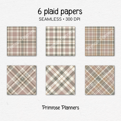 Mauve Tan Brown Plaid Digital Paper, Neutral Boho Seamless Patterns, Tartan Backgrounds, Commercial Use Scrapbook Pack
