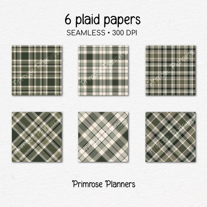 Cream Moss & Grey Plaid Digital Paper, Green Seamless Patterns, Farmhouse Gingham Scrapbook Backgrounds, Minimalist Commercial Use