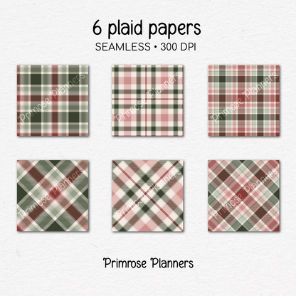 Blush Maroon & Sage Plaid Digital Paper, Christmas Seamless Patterns, Farmhouse Holiday Scrapbook Backgrounds, Commercial Use