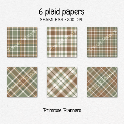 Mustard Olive Brown Plaid Digital Paper, Earth Tone Seamless Patterns, Fall Gingham Scrapbook Backgrounds, Minimalist Commercial Use