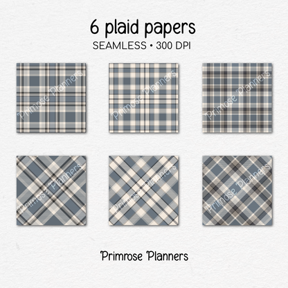 Navy & Grey Plaid Digital Paper, Blue Seamless Patterns, Farmhouse Gingham Scrapbook Backgrounds, Minimalist Commercial Use