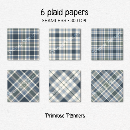 Navy Sage Taupe Plaid Digital Papers, Earth Tone Seamless Patterns (Commercial Use)