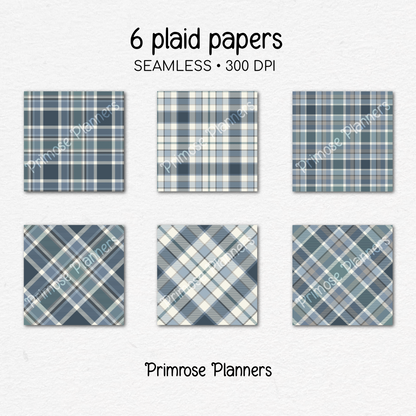 Navy Teal Grey Plaid Digital Paper, Blue Seamless Patterns, Farmhouse Gingham Scrapbook Backgrounds, Minimalist Commercial Use