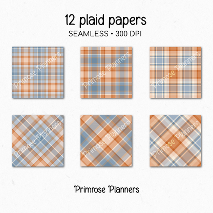 October Nights Tartan Plaid Digital Paper, Blue Orange Fall Scrapbook Backgrounds, Cozy Thanksgiving Pattern, Commercial Use