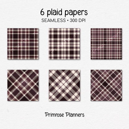 Plum Maroon Taupe Plaid Digital Paper, Earth Tone Seamless Patterns, Farmhouse Gingham Scrapbook Backgrounds, Commercial Use