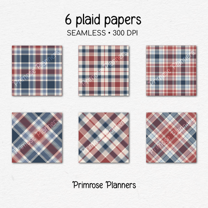 Red Beige Blue Plaid Digital Paper, Americana Seamless Patterns, Coastal Farmhouse Tartan, Commercial Use Scrapbook Pack
