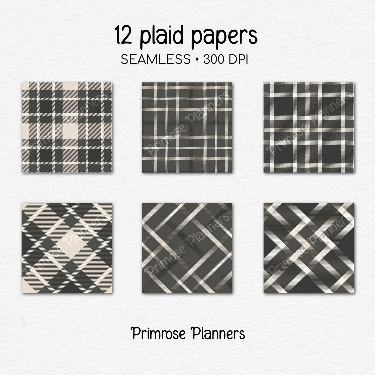 Printable Charcoal Plaid Digital Paper | Taupe Check Patterns for Planners & Scrapbooking | 12x12 Backgrounds | Instant Download