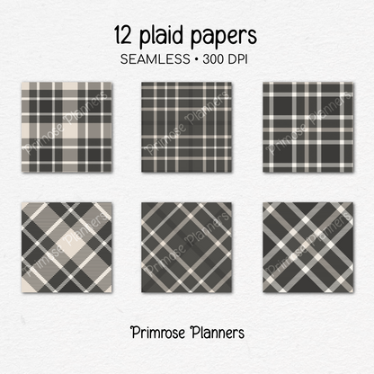 Printable Charcoal Plaid Digital Paper | Taupe Check Patterns for Planners & Scrapbooking | 12x12 Backgrounds | Instant Download