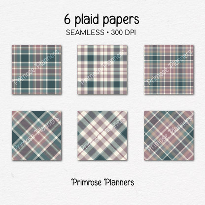 Teal Mauve and Lavender Plaid Digital Paper, Pastel Fall Seamless Patterns, Tartan Backgrounds, Commercial Use Scrapbook Pack