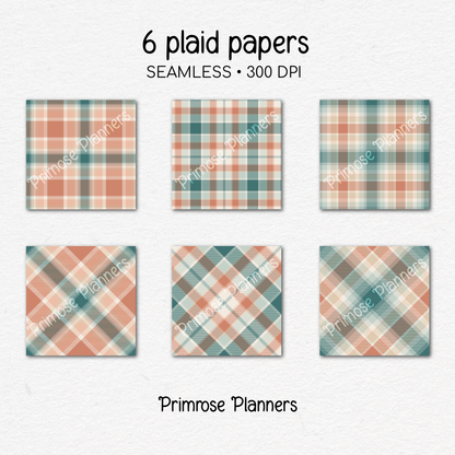 Terracotta and Teal Plaid Digital Paper, Boho Fall Seamless Patterns, Tartan Backgrounds, Commercial Use Scrapbook Pack