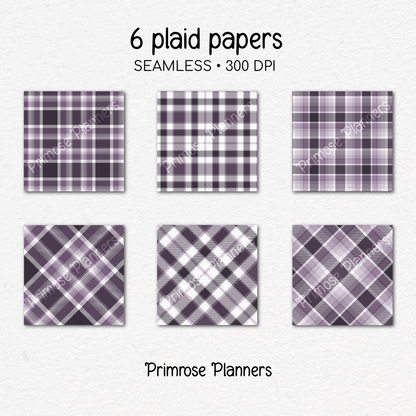 Winter Plum Plaid Digital Paper, Dark Purple Seamless Patterns, Farmhouse Gingham Scrapbook Backgrounds, Minimalist Commercial Use