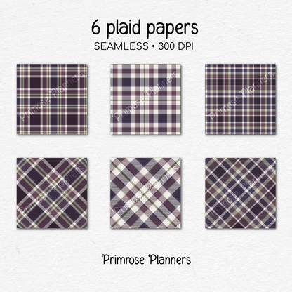 Plum Purple and Green Plaid Digital Paper, Moody Seamless Patterns, Tartan Backgrounds, Commercial Use Scrapbook Paper Pack
